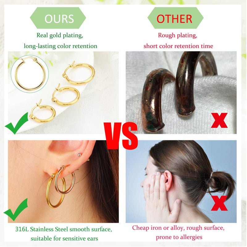 LOYALLOOK Gold Hoop Earrings Stainless Steel Rounded Small Hoop Earrings Set for Women Cute Huggie Earrings Nickel Free 10/12/15/20MM - Image 3